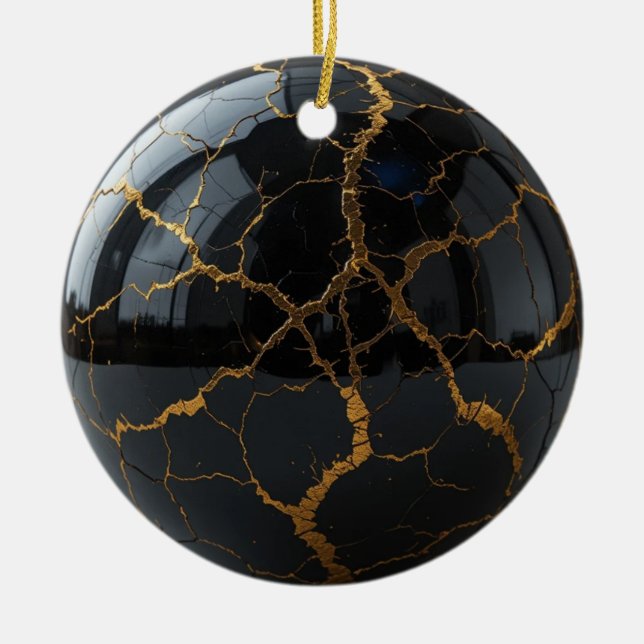 Putsade Obsidian Sphere med Veins of Molten Guld Julgransprydnad Keramik (Framsidan)