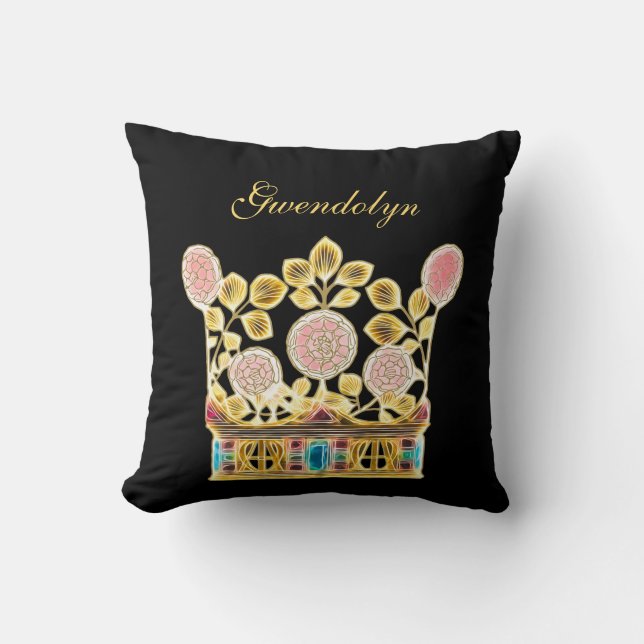 Putsamt Guld Kunglig Krona Rosa Blommor och Namn Kudde (Framsida)