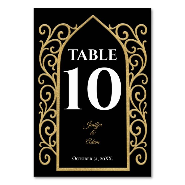 Putsig svart och guld gotisk bröllopsdekor bordsnummer (Framsidan)