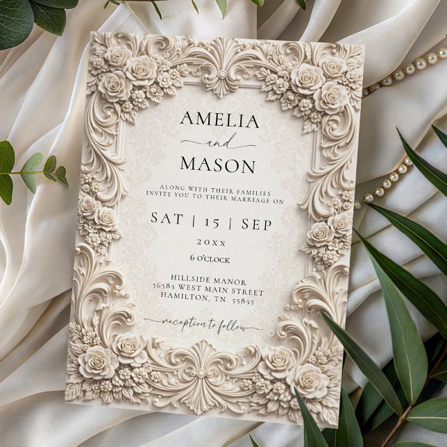 Putsiv elfenbensbarock bröllopsinbjudan med blommo inbjudningar (Ornate Ivory Baroque Floral Wedding Invitation)