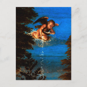 Putto i blå himmel häller en kaskad av vita blommo vykort