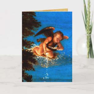 Putto in Blå himmel Pours a Cascade of White Flowe Helgkort