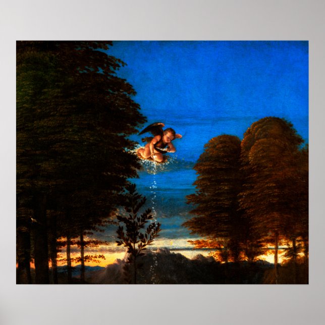 Putto in Blå himmel Pours a Cascade of White Flowe Poster (Framsidan)