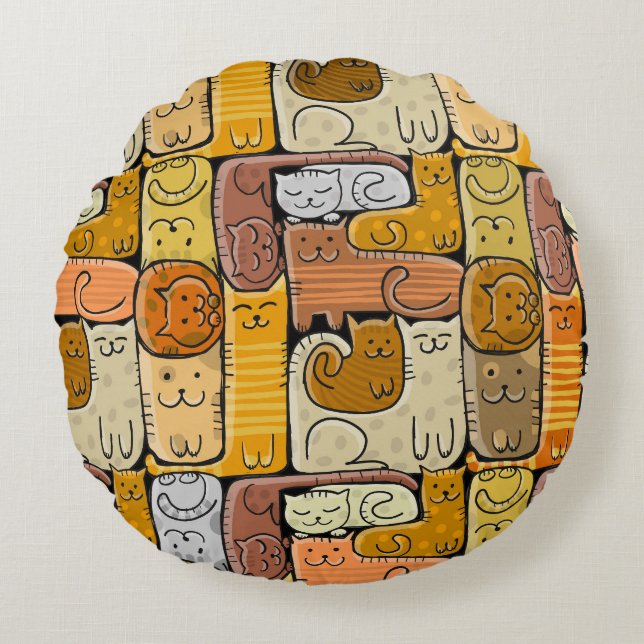 Puzzle Funny Cats House Seamless Rund Kudde (Framsidan)