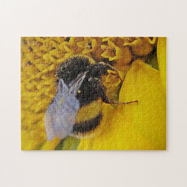Puzzle Hummel auf Sonnenblumenblüte Pussel (Horisontell)