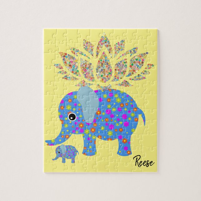 Puzzles Blommigt Colorful Blue Elephant Gult Pussel (Vertikal)