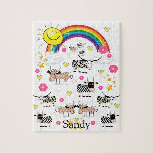 Puzzles Cow Sol Clouds Rainbow Blommigt Pussel (Vertikal)