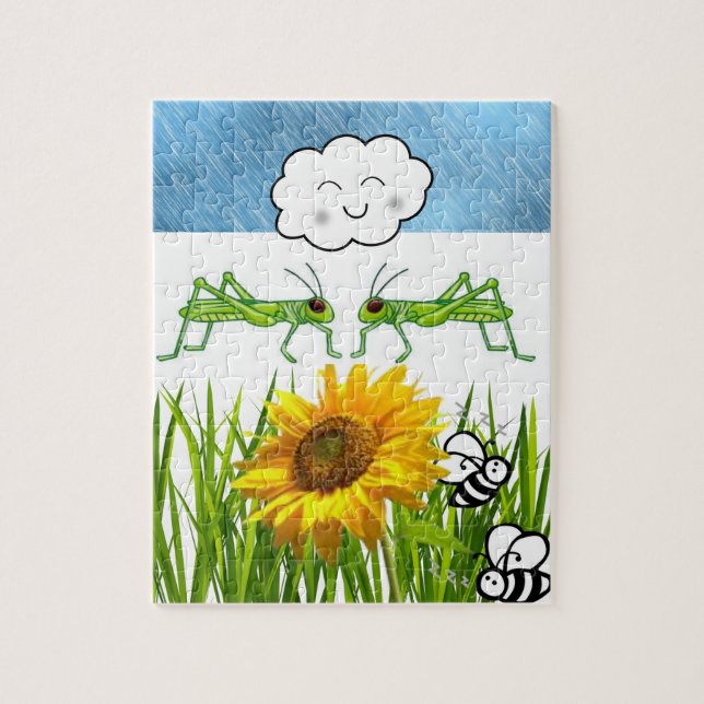 Puzzles Grashopper Solros Bee Grass Clouds Pussel (Vertikal)