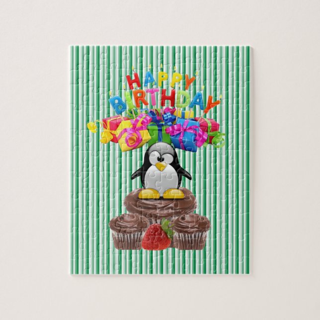 Puzzles Grattis på födelsedagen Penguin Grönt Rand Pussel (Vertikal)