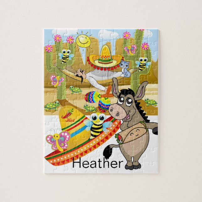 Puzzles Mexican Man Donkey Sombrero Blommigt Pussel (Vertikal)