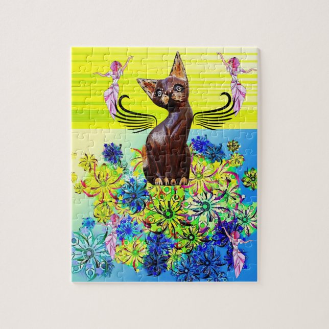 Puzzles Rosa Fairy Cat Kitten Blommigt Pussel (Vertikal)