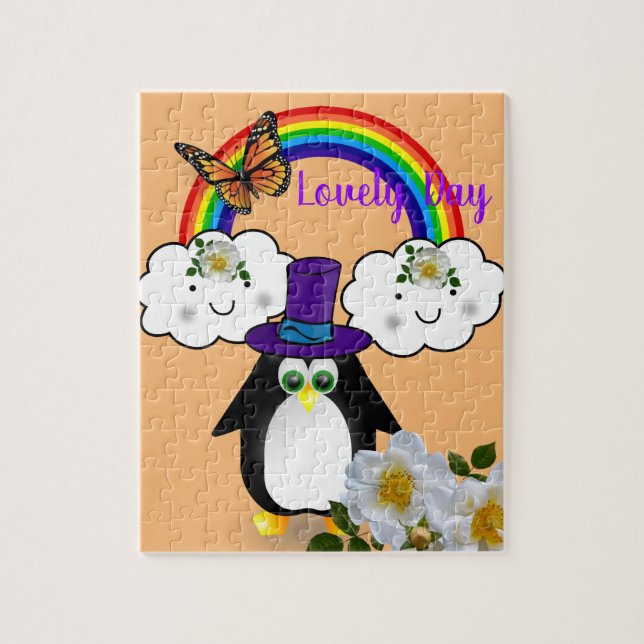 Puzzles White and Black Penguin Rainbow Blommigt Pussel (Vertikal)