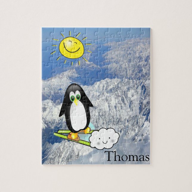 Puzzles White and Black Penguin Skiing Clouds Pussel (Vertikal)