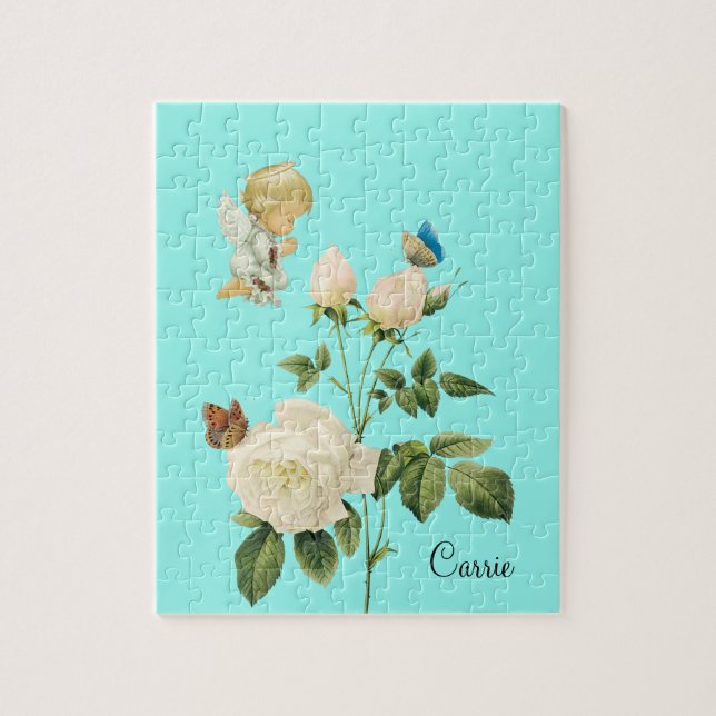 Puzzles White Angel Blue Butterfly Blommigt Pussel (Vertikal)