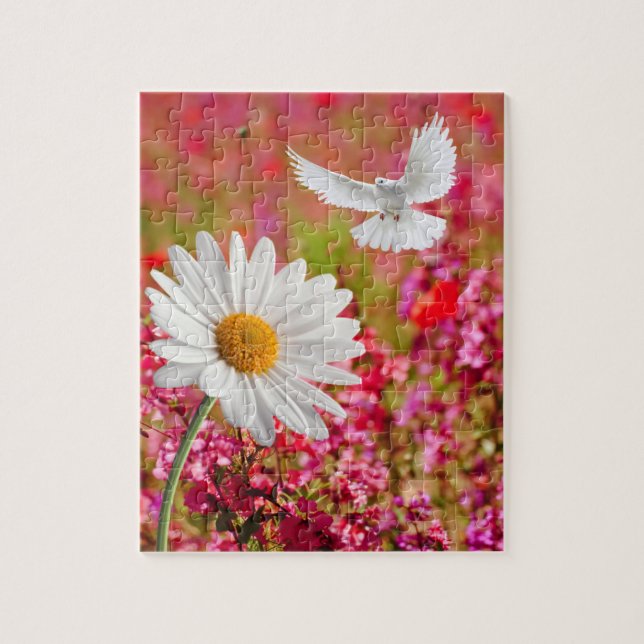Puzzles White Daisy Dove Rosa Blommigt Pussel (Vertikal)