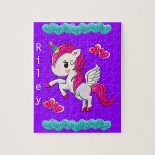 Puzzles White Rosa Unicorn Lila Blue Hearts Pussel