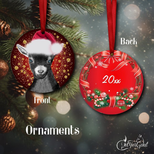 Pygmy Goat Santa Hat jul Ornament (Oil portrait of my pygmy goat Spunky , Santa hat and gold snowflakes - dated on back #zazzlemade)