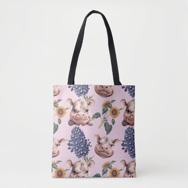 Pygmy Hippo & Blommigt Tote Bag Tygkasse (Framsida)