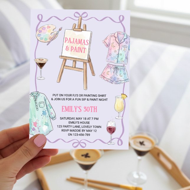 Pyjamas och Målarflickor Natt Födelsedagsfest Inbjudningar (Pajamas & Paint Invitation, for fun & girly paint and sip night, sleepover or bachelorette activity.)