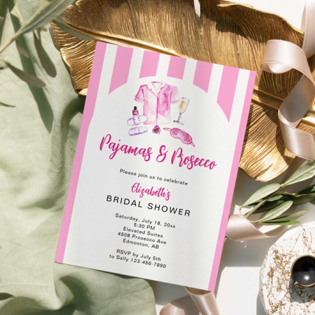 Pyjamas och Prosecco Bröllopsdusch Rosa Ränder Inbjudningar (Skapare uppladdad)