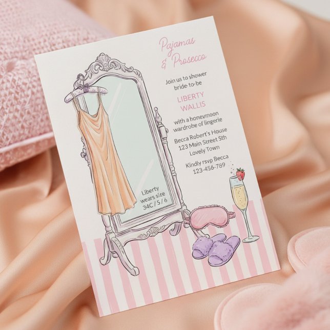 Pyjamas och Prosecco Rosa Bröllopslingeri Shower Inbjudningar (Pajamas and Prosesso lingerie shower for bride to be honeymoon lingerie)