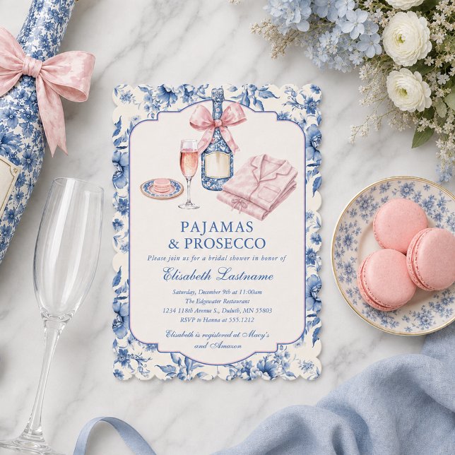 Pyjamas och Prosecco Rosa Slinga Bröllopsfest Inbjudningar (Pajamas and Prosecco Pink Bow Bridal Shower Invitation)