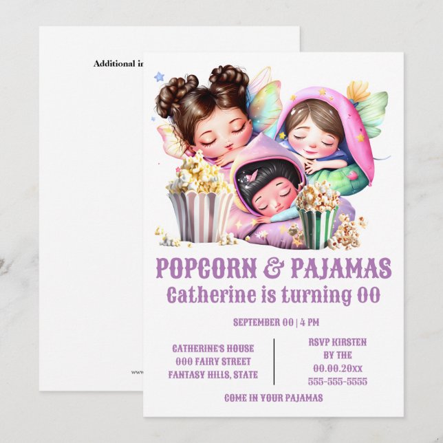 Pyjamas popcorn flickor sleepover-fest inbjudningar (Fram/baksida)