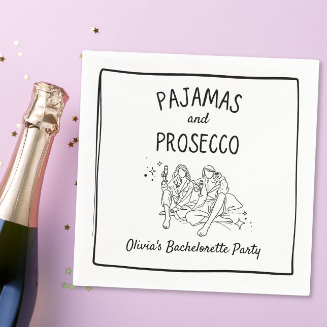 Pyjamas & Prosecco Personlig Sjunglastenhenfest Pappersservett (Elevate your bachelorette soirée with our whimsical & chic 'Pajamas and Prosecco' custom napkins.)