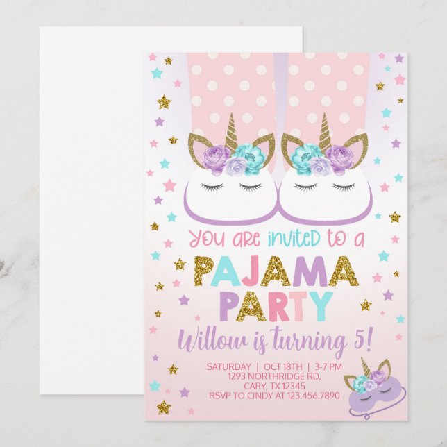 Pyjamasparty flicka födelsedagsinbjudan, övernattn inbjudningar (Fram/baksida)