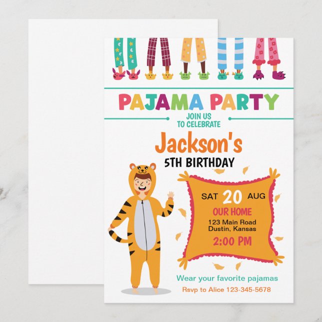 Pyjamasparty Födelsedag Inbjudningar (Fram/baksida)