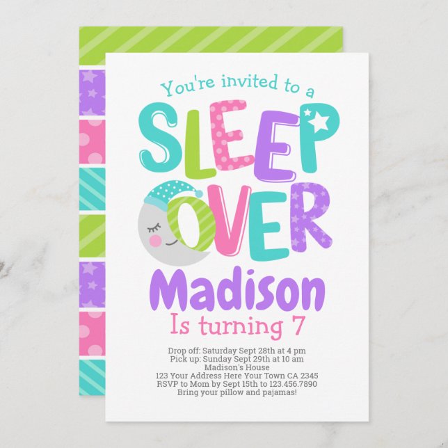 Pyjamasparty Födelsedag Inbjudningar (Fram/baksida)