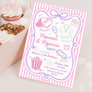 Pyjamasparty för födelsedag med popcorn inbjudningar