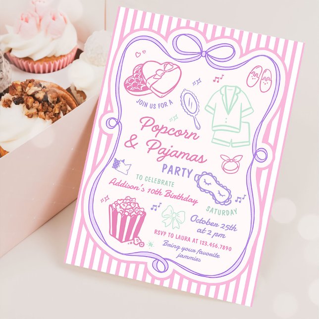 Pyjamasparty för födelsedag med popcorn inbjudningar (Skapare uppladdad)
