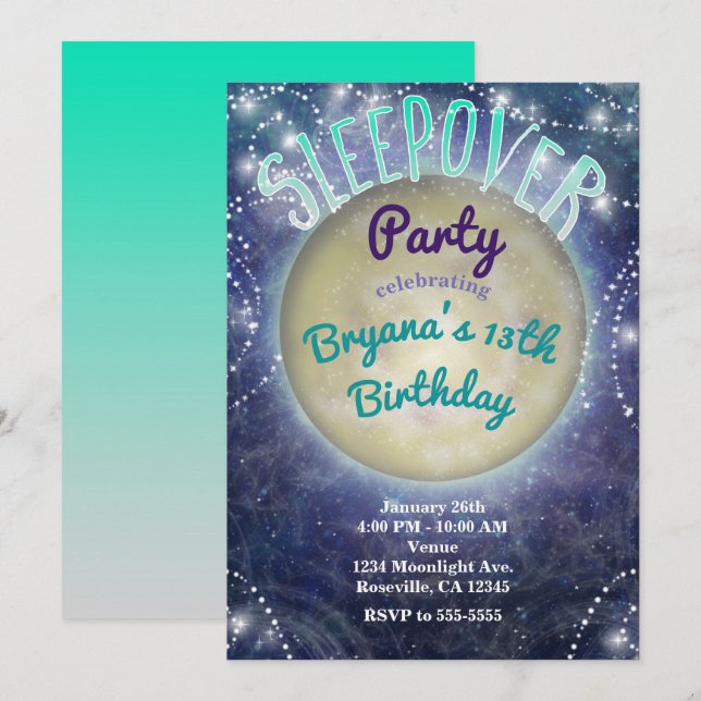 Pyjamasparty Måne på natthimlen Inbjudningar (Fram/baksida)