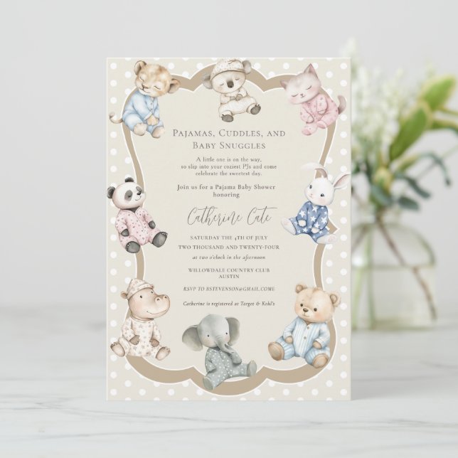 Pyjamasparty med djurtema för baby shower  inbjudningar (Stående Fram)