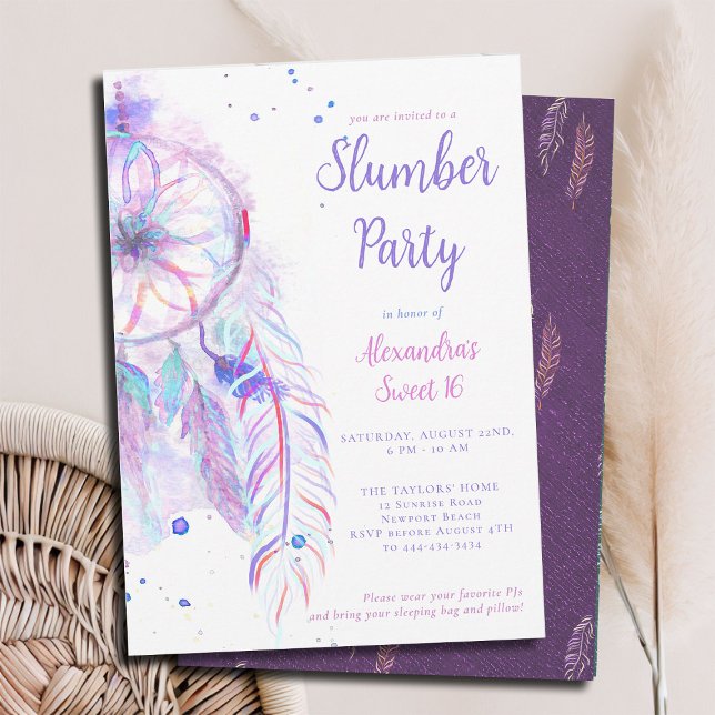 Pyjamasparty med lila drömmfångare Sweet 16 Inbjudningar (sweet 16 slumber invitation birthday pj sleepover dreamcatcher purple pink watercolor whimsical)