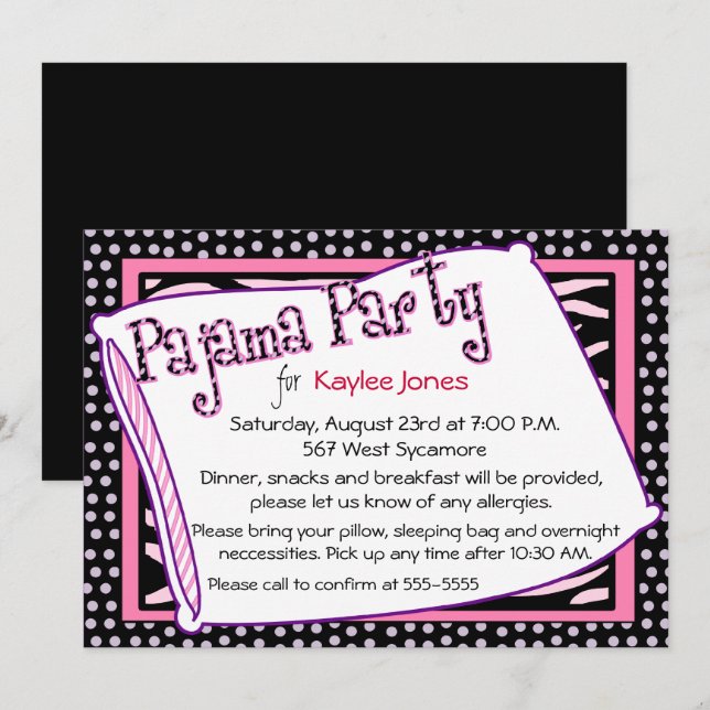 Pyjamasparty prickiga rosa inbjudningar (Fram/baksida)