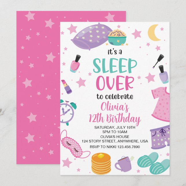 Pyjamasparty rosa lila preteen inbjudningar (Fram/baksida)