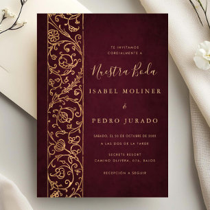 Pyntat Blommönster Guld Burgunder Nuestra Boda Brö Inbjudningar