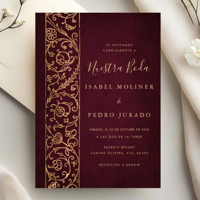 Pyntat Blommönster Guld Burgunder Nuestra Boda Brö Inbjudningar (Skapare uppladdad)