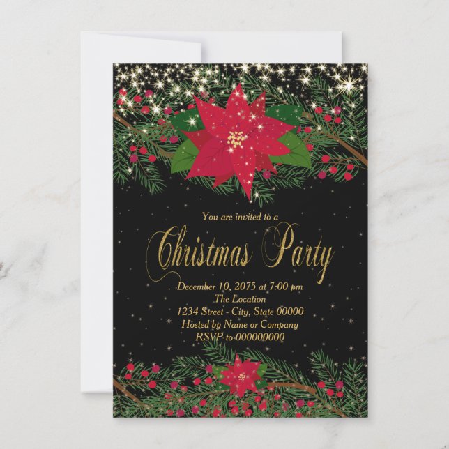 Pyntat julparty med röda julstjärnor inbjudningar (Framsida)