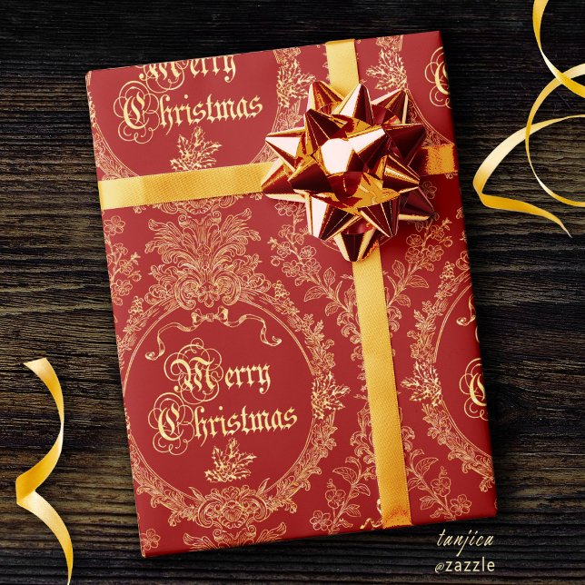 Pyntat Klassiskt Vintage God Jul Röd Guld Presentpapper (Skapare uppladdad)
