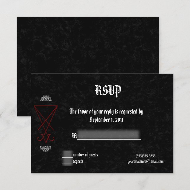 Pyntat Luciferianskt Ockult Gothbröllop RSVP Inbjudningar (Fram/baksida)