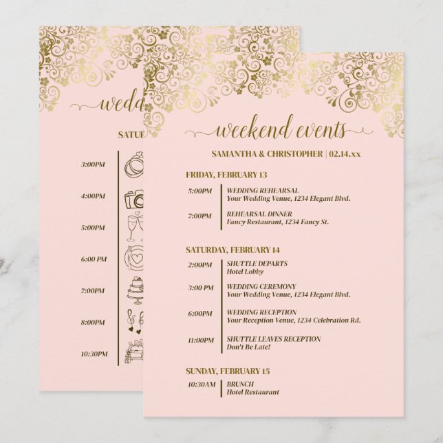 Pyntat Rosa & Guld Bröllopsevenemang & Tidslinje Program (Fram/baksida)