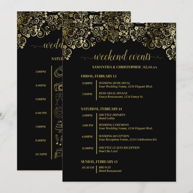 Pyntat svart & guld bröllopsevenemang & tidslinje program (Fram/baksida)