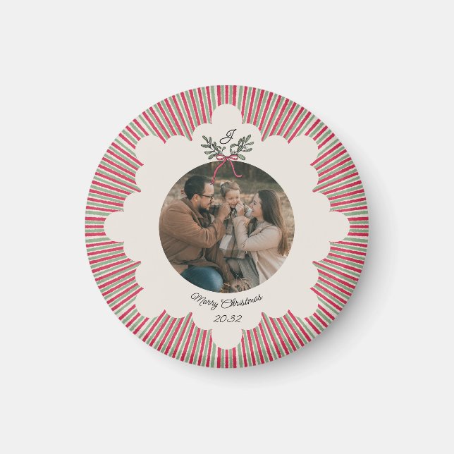 Pyntlig julgransprydnad med foto och monogram magnet (Framsidan)