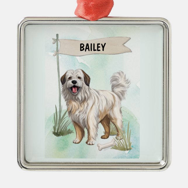 Pyrenean Shepherd Watercolor Personalized Dog Julgransprydnad Metall (Framsidan)