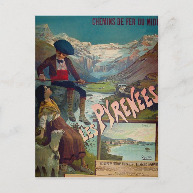 Pyrenéernas landskap, barnen vilar vid floden vykort (Framsida)