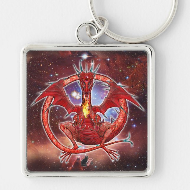 Pyrope Cosmic Dragon Keychain Fyrkantig Silverfärgad Nyckelring (Framsidan)