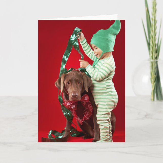 Pys som dekorerar en hund helgkort (Framsida)